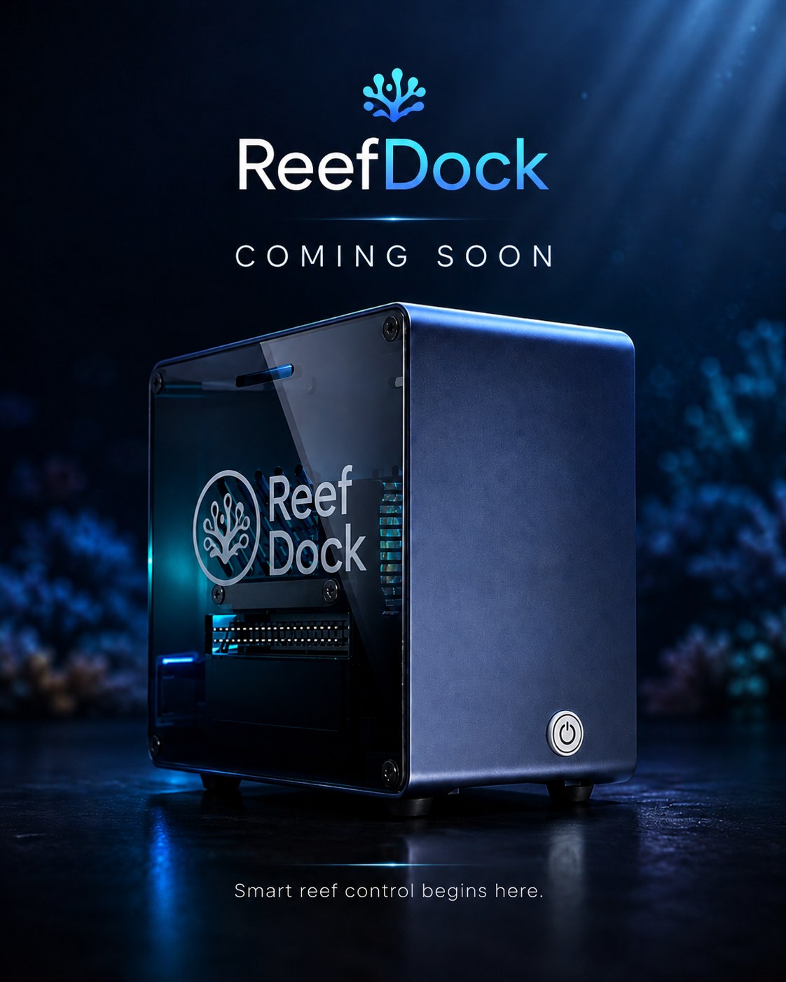 ReefDock aquarium controller with a smoked-glass side panel, lit from within, against a deep reef background